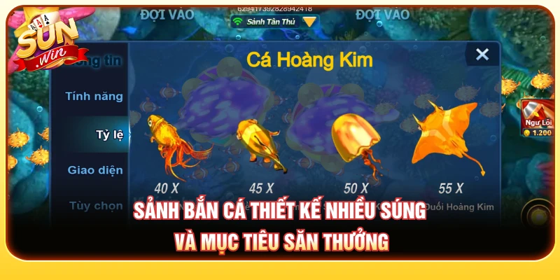 Sảnh bắn cá thiết kế nhiều loại súng và mục tiêu săn thưởng